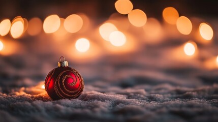 Aufkleber - A close-up view showcases a red Christmas bauble adorned with golden swirls, resting on a soft snow-like surface with warm fairy lights illuminating the background