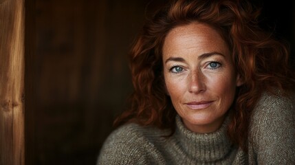Aufkleber - Middle-aged woman with auburn curly hair displays a thoughtful expression, slightly turned to the side in a cozy setting against warm wooden tones