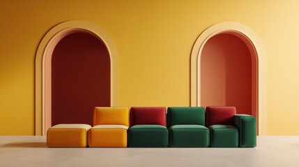 Wall Mural - Modern Colorful Couch in Minimalist Interior with Arched Backgrounds