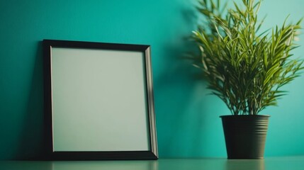 Aufkleber - A blank instant photo frame stands upright on a flat surface, casting a slight shadow against a pastel mint green background, ideal for creative layouts