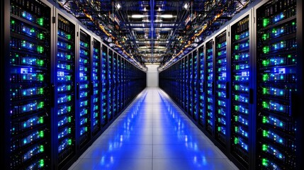 Aufkleber - Network server room displays rows of glowing blue and green lights on server racks, creating a high-tech ambiance in a quiet setting with copy space available