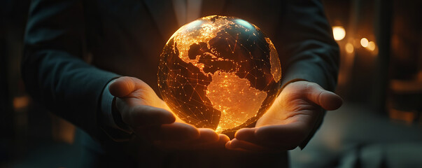 Wall Mural - person in suit holds glowing holographic globe, symbolizing global connectivity, innovation, and tec