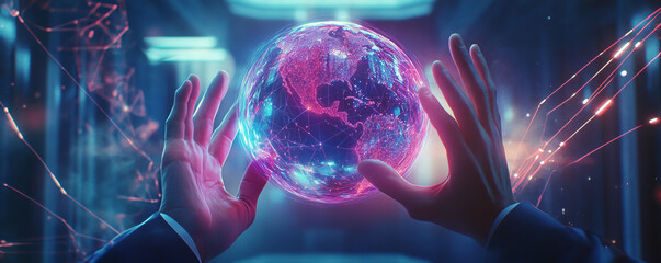 Wall Mural - pair of hands in suit holds glowing holographic globe with interconnected digital networks, symboliz