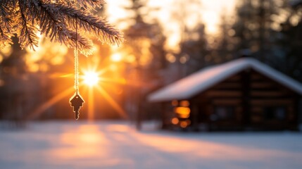 Poster - A single key with a house-shaped pendant hangs from a frosted evergreen branch as the sun sets behind a snow-covered log cabin, creating a serene winter atmosphere