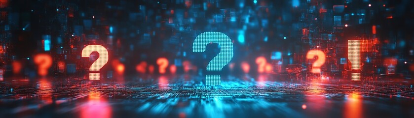 Business office with holographic question marks on a hightech background, representing decisionmaking and futuristic thinking