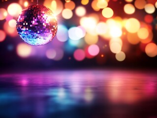 Poster - A disco ball spins slowly beneath colorful lights, casting sharp reflections across a dimly lit dance floor, enhancing the lively mood of the venue
