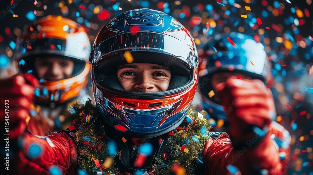 Excited race car driver celebrates victory with confetti and a joyful ...