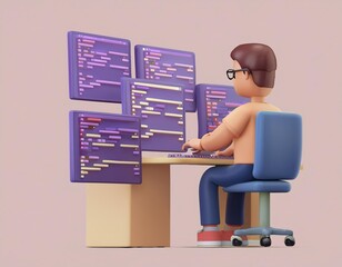 3d programmer diligently works on multiple lines of code across several monitors