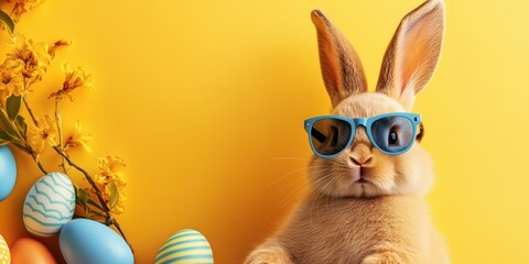 Wall Mural - A stylish Easter bunny in trendy sunglasses is amidst colorful decorated eggs and vibrant flowers on a cheerful yellow backdrop, creating a delightful holiday atmosphere for all to enjoy