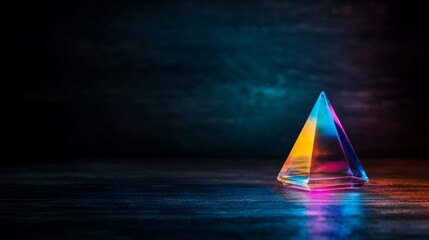 Leinwandbilder - A crystal prism refracts vibrant rainbow hues onto a dark background, showcasing a stunning display of colors and light interplay, with clear space on the right