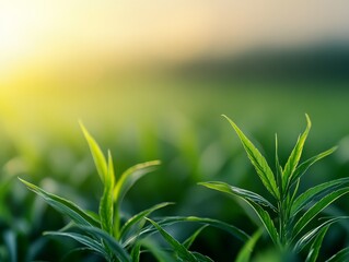 Poster - Softly illuminated green leaves sway in the wind under bright sunlight, offering a peaceful, eco-friendly background with ample space for text on the left