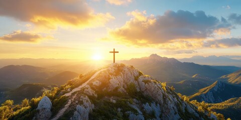 Wall Mural - A tranquil and beautiful sunrise gradually illuminates a cross perched atop a hill, serving as a powerful symbol of hope, renewal, and resurrection during this meaningful Easter celebration