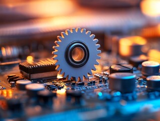 Aufkleber - A paper cutout gear is centered on a metallic circuit board featuring soft blue highlights, with space for additional text on the left side of the design