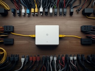 Leinwandbilder - A network switch is at the center with a yellow Ethernet cable, surrounded by neatly arranged colorful cables, indicating efficient organization