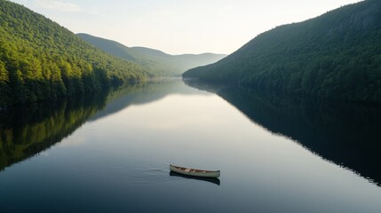 Aufkleber - A solitary canoe floats on the tranquil surface of a clear lake, reflecting the surrounding mountains and trees under a serene morning sky