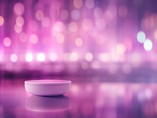 Fototapete - A sleek, round gadget rests on a reflective surface, surrounded by a vibrant blur of neon colors that highlights its innovative design and advanced technology