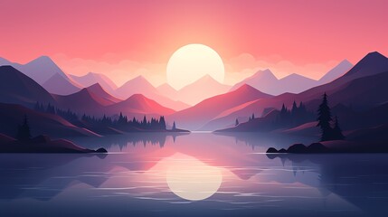 Wall Mural - Serene sunset over calm lake and mountains.