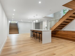 Leinwandbilder - Spacious basement area features light wood flooring, a sleek kitchen island, and glass-panel stairs, showcasing a clean and modern design perfect for lifestyle use