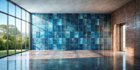 Wall Mural - Sunlit Modern Room with Blue and Brown Tile Walls and Polished Floor