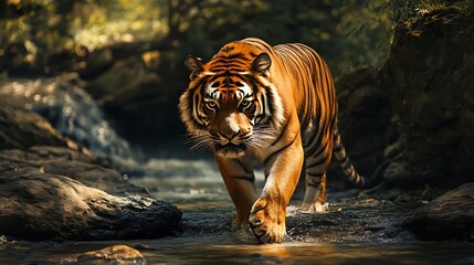 Wall Mural - majestic tiger in a forest stream. wildlife, nature, predator