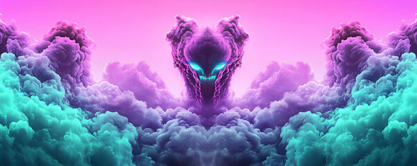 Wall Mural - Glowing Monster Emerging from Purple & Teal Cloudscape, a Spectral Beast Rises from the Vaporous Mist with Glowing Eyes.