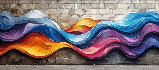 Wall Mural - Vibrant mural depicting flowing waves of color on a textured wall.