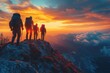 © JIALU - Five people helping each other up a mountain, surrounded by stunning sky and lighting. Cinematic, hyper-realistic photography with dramatic details.
