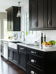 Wall Mural - Modern Black Kitchen With White Countertops And Stainless Steel Appliances