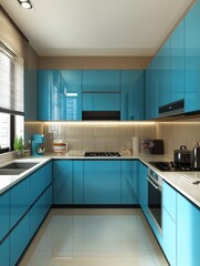 Wall Mural - Modern Teal Kitchen Design With L Shaped Cabinets