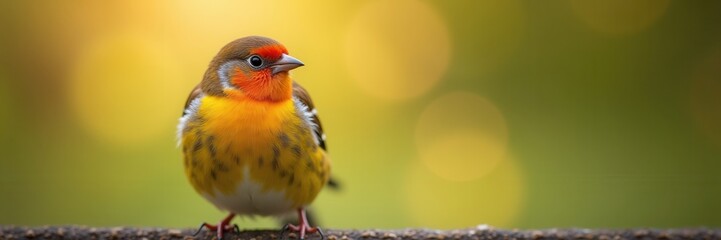 Wall Mural - A vibrant orange finch with a striking red head perches gracefully against a backdrop of golden sunlight and soft green bokeh creating a captivating nature scene