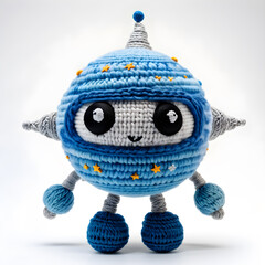 Wall Mural - A knitted soft toy in the form of a fictional funny space hero, made of woolen threads in blue-gray tones with orange inserts. White background.