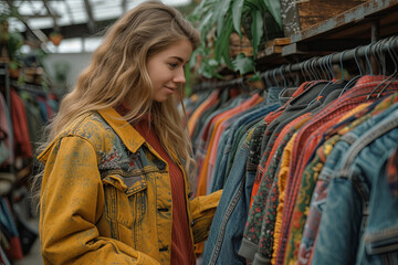 Young woman is shopping for used clothes in a store