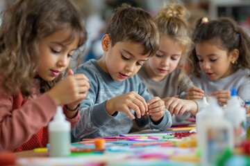 Children doing creative arts and crafts activities together at a colorful table in a classroom.