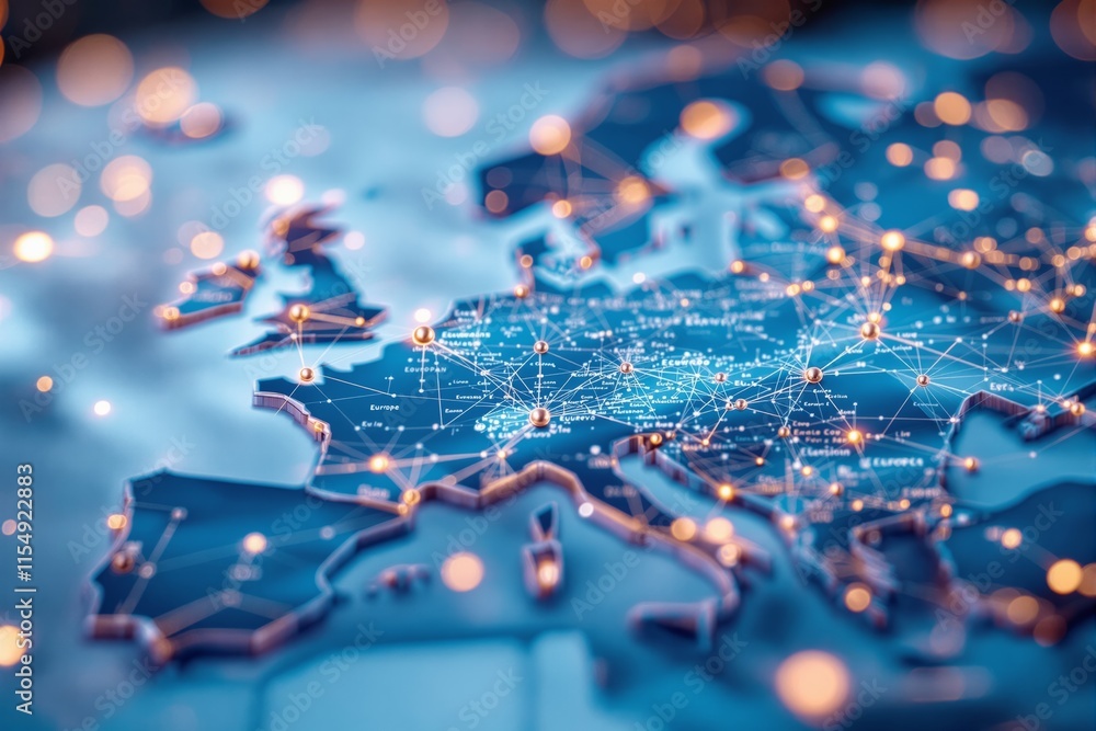 Digital map of Europe highlighting network connections with glowing ...