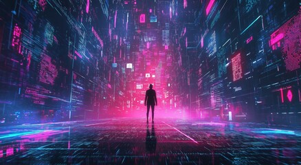 Man in Futuristic Digital Data Stream Corridor
