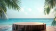 © Chaikit - beach product staging scene, weathered wood pedestal, azure water bokeh effect, tropical palm leaf frame, summer display photography, peaceful ocean background, natural presentation setup