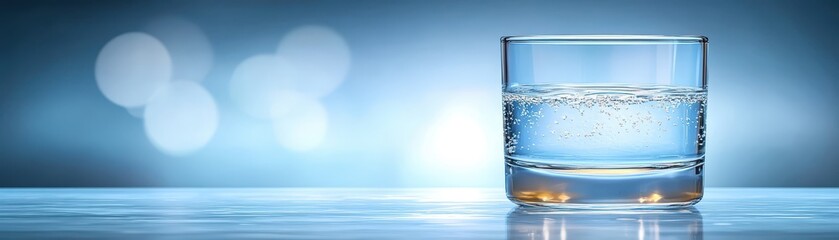 Wall Mural - glass of sparkling water with refreshing bubbles on wooden table, stunning closeup