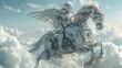 © dea - Futuristic winged robotic horse with rider soaring above clouds.