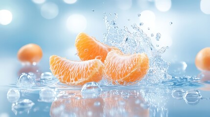 Wall Mural - juicy oranges splashing into refreshing water, a burst of citrus flavor