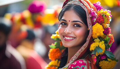 A beautiful young india american woman in an Indian-inspired traditional costume stands at the center of the frame, smiling while dancing with other people around her, celebrating their wedding 