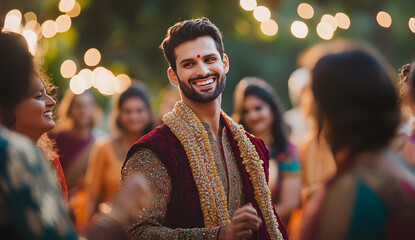 Wall Mural - A handsome young india american man in an Indian-inspired traditional costume stands at the center of the frame, smiling while dancing with other people around him in a festival