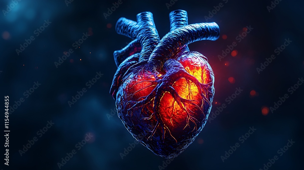 3D model of a human heart with detailed coronary arteries, blood ...