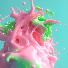 Fototapete - A dynamic burst of pink and green liquids with a glossy texture surrounded by realistic drops and splashes on a blue background. The composition conveys a sense of playfulness and energy
