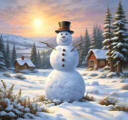 Wall Mural - Illustration of snowman with winter landscape.