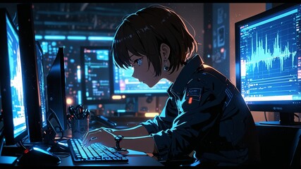 An anime-style programmer coding at a glowing desktop with futuristic designs on the monitor.