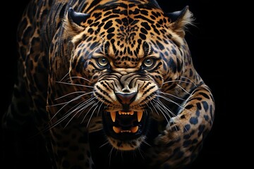 close-up of a snarling leopard against a black background, showcasing its powerful build, intense ey