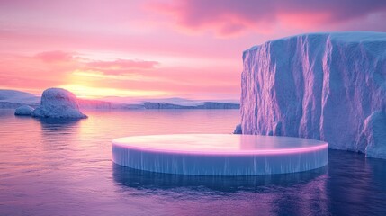 Wall Mural - Modern podium with glowing edges resting near icebergs in a serene winter seascape