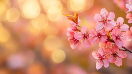 Poster - Delicate Pink Blossoms Blooming in Soft Golden Light