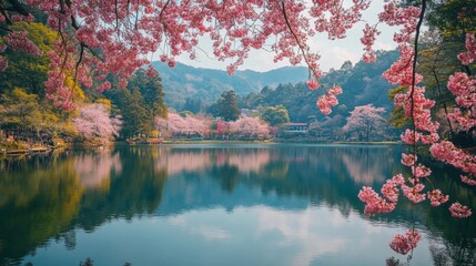 Poster - Serene lake reflecting blossoming cherry trees and mountains