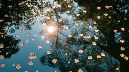 Wall Mural - Sunlight illuminates cherry blossoms floating on tranquil water